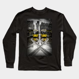 Yellow Manchester Trams at Tram Stop in Rain Long Sleeve T-Shirt